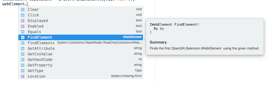 VS showing methods on WebElement