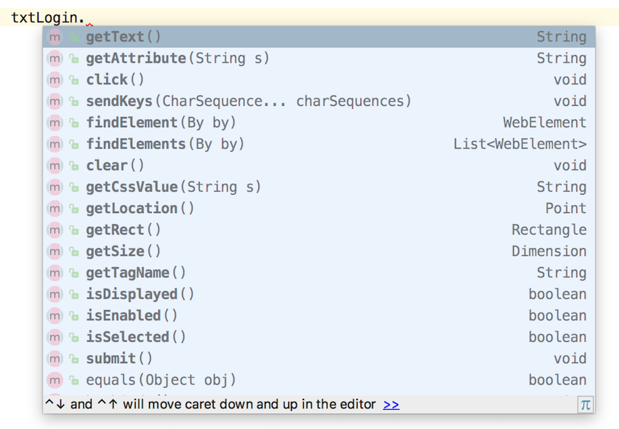 IntelliSense showing methods on WebElement